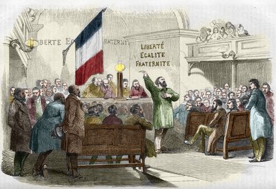 1848 års revolution: Republikanska klubbmötet i Paris 1848. På väggen står det republikanska mottot "frihet, jämlikhet, broderskap"". (Möte i en republikansk klubb). Gravyr av 1800-talet. av Unknown artist