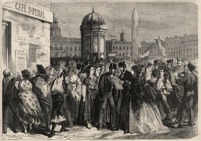 Septemberrevolutionen 1868 i Spanien (Gloriosa): läsning av juntans manifest på gatan i Alcala i Madrid. Gravyr i "" L
