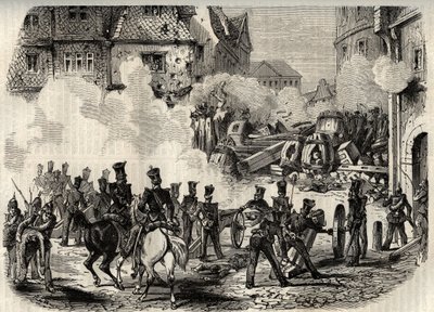 Revolutioner 1848 - 1849, Tyskland, Frankfurt - Trupper stormar en barrikad i Frankfurt, Tyskland, den 18 september av Unknown artist