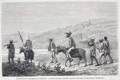 Richard Francis Burton, brittisk upptäcktsresande (1821-1890), och hans följeslagare i Afrika. Ritning som illustrerar artikeln "" Kapten Burtons resa till Afrikas stora sjöar 1857-59" - i "" Tour du Monde"", 2:a terminen. 1860 av Unknown artist