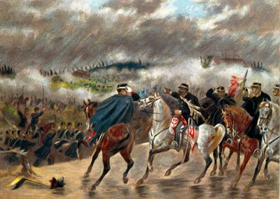 Risorgimento - Italiensk kampanj (1859): Victor Emmanuel II (Vittorio Emanuele II) (Victor-Emmanuel) (1820-1878) under slaget vid San Martino ledde de piemontesiska trupperna mot den österrikiska armén den 24/06/1859. Privat samling av Unknown artist