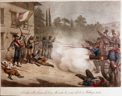 Risorgimento: soldaterna från Francois IV de Modene (Francesco IV di Modena) stormade Ciro Menottis hus natten den 03/02/1831. Litografi privat samling av Unknown artist