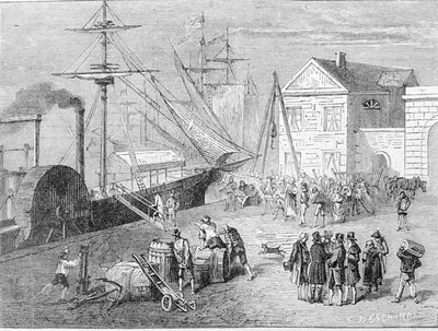 Robert Fulton (1765 - 1815), amerikansk byggare gick ombord på Clermont, en båt som han byggde 1807 för att ge förbindelsen New York - Albany på Hudsonfloden. Gravyr av 1800-talet. av Unknown artist