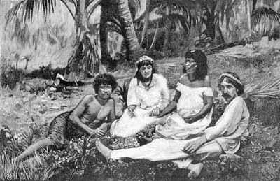Robert Louis Stevenson (1850 - 1894) med sin fru i Samoa där han lät publicera sin bostad i Vailima. Gravyr omkring 1890-1895. av Unknown artist