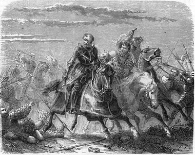 Robert av Marken av Landsknechts, tar bort sin sons kropp från schweizarna. Gravyr av 1800-talet. av Unknown artist