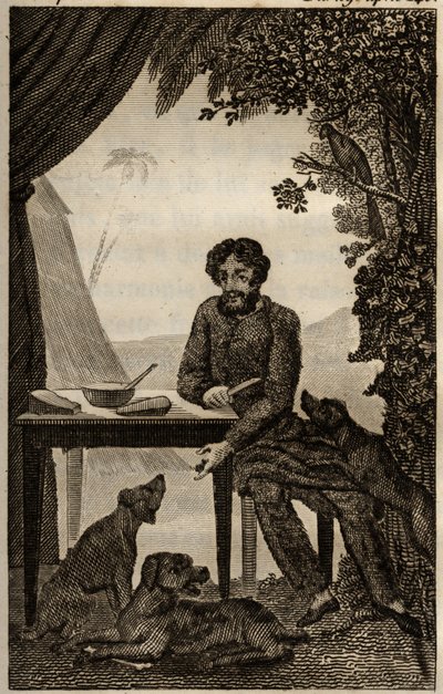 Robinson Crusoes hundar väntar på att han ska kasta några bitar att äta, gravyr insatt i Daniel Defoes "Les aventures de Robinson Crusoe" (1660-1731), edition la librairie d