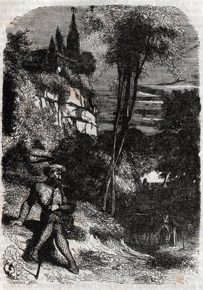 Rodomont, Isabella och den gamle eremiten - 1851 gravyr från "" Furious Roland"" (Orlando furioso) (1500-talet) av Ludovico Ariosto, känd som Ariosto - Edition översatt från italienska av greven av Tressan och publicerad av Gustave Harvard 1851 av Unknown artist
