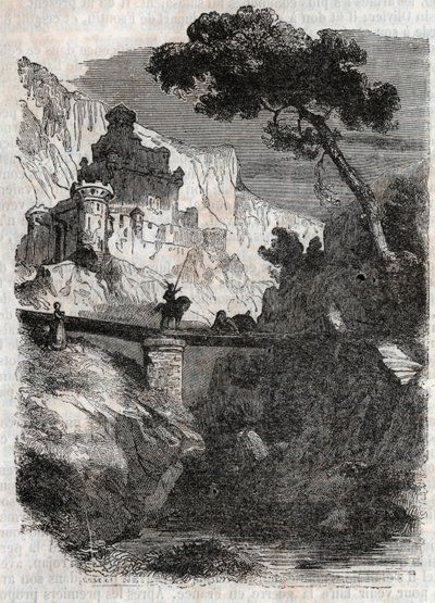 Rodomont besegrad av Bradamante - gravyr från 1851 från "" Furious Roland"" (Orlando furioso) (1500-talet) av Ludovico Ariosto, känd som Ariosto - Edition översatt från italienska av greven av Tressan och publicerad av Gustave Harvard 1851 av Unknown artist