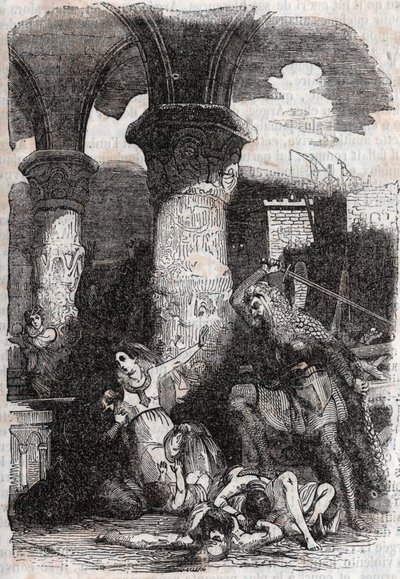 Rodomont massacre les habitatnts de Paris - gravyr från 1851 från "" Roland furieux"" (Orlando furioso) (1500-talet) av Ludovico Ariosto, känd som Arioste - Upplaga översatt från italienska av greven av Tressan och publicerad av Gustave Harvard 185 av Unknown artist