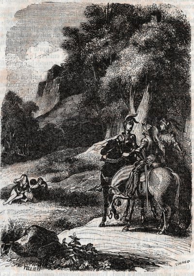 Roger (Ruggero, Ruggiero), Marphise (Marfisa) och de tre kvinnorna - gravyr från 1851 från "" Roland furieux"" (Orlando furioso) (1500-talet) av Ludovico Ariosto, kallad Ariosto - Upplaga översatt från italienska av greven av Tressan och publicerad av av Unknown artist