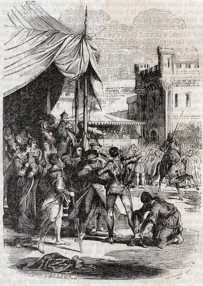 Roger (Ruggero, Ruggiero) trotsar i strid av Rodomont (Rodomonte) - gravyr från 1851 från "" Furious Roland"" (Orlando furioso) (1500-talet) av Ludovico Ariosto, känd som Ariosta - Upplaga översatt från italienska av greven av Tressan och publicera av Unknown artist