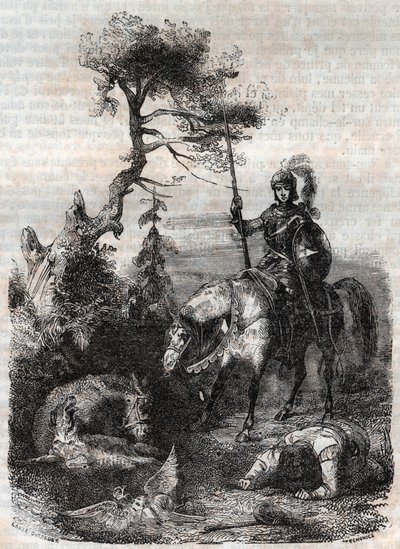 Roger (Ruggero, Ruggiero) använder sig av den förtrollande skölden - gravyr från 1851 från "" Furious Roland"" (Orlando furioso) (1500-talet) av Ludovico Ariosto, känd som Ariosta - Edition översatt från italienska av greven av Tressan och publicerad av av Unknown artist