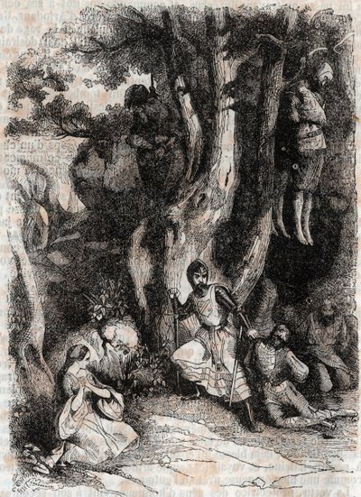 Roland and and the Seven Brigands of the Cave - gravyr från 1851 från "" Furious Roland"" (Orlando furioso) (1500-talet) av Ludovico Ariosto, känd som Ariosta - Upplaga översatt från italienska av greven av Tressan och utgiven av Gustave Harvard av Unknown artist