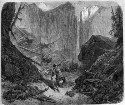 Roland blåser i sitt horn i slaget vid Roncesvaux den 15 augusti 778. Teckning av Alphonse de Neuville (1836-1885) för operan "Roland a Roncesvaux" (akt IV, scen 1) av Auguste Mermet (1810-1889). Paris, Theatre imperial de l