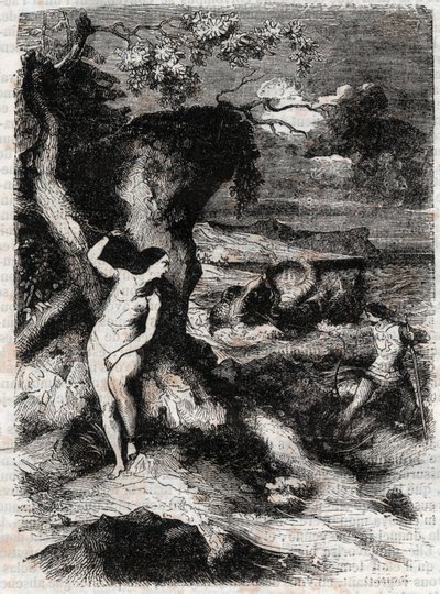 Roland delivre Olympe - gravyr från 1851 från "" Roland furieux"" (Orlando furioso) (1500-talet) av Ludovico Ariosto, känd som Ariosto - Edition översatt från italienska av greven av Tressan och publicerad av Gustave Harvard 1851 av Unknown artist