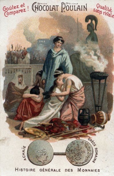 Romerskt herravälde i Grekland: plundring av Korinth av Lucius Mummius 146 f.Kr. i regionen Achaie (Akaia). i Myntens allmänna historia. Choklad-fölkromolitografi från slutet av 1800-talet. Privat samling. av Unknown artist