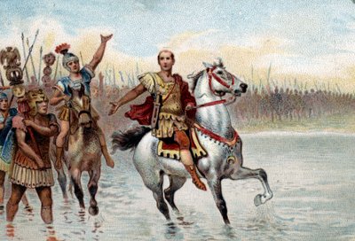 Romers politiska system: Konsuln. Jules Cesar korsade floden Rubicon med sina legioner i vapen den 10 januari 49 f.Kr. i Pompeius den stores fotspår (Gneo Pompeo Magno eller Gnaeus Pompeius Magnus av Unknown artist