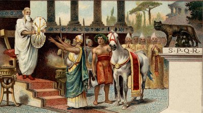 romerskt politiskt system. Kungen: Numa Pompilius, legendarisk kung av Rom (-715, -672), anförtror den heliga skölden till Salians präster. Kromolitografi från slutet av 1800-talet. av Unknown artist