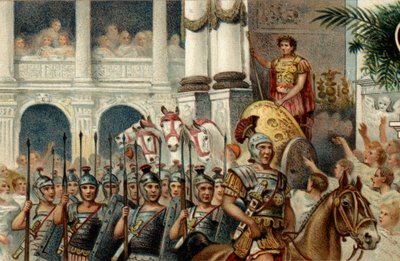 romerskt politiskt system. Kejsaren: Parad för att hedra den romerske kejsaren Augustus (Octavianus eller Octavianus) segrar i Actium, Pannonia och Egypten. Kromolitografi från slutet av 1800-talet. av Unknown artist