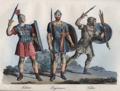Romersk soldat - Legionär - Veliter (lätt infanteri) - gravyr från "" Seder och traditioner för alla folk i universum. Det är historien om regeringen, om lagarna, om milisen, om religionen för alla nationer från de mest avlägsna tiderna till våra dagar" av Unknown artist