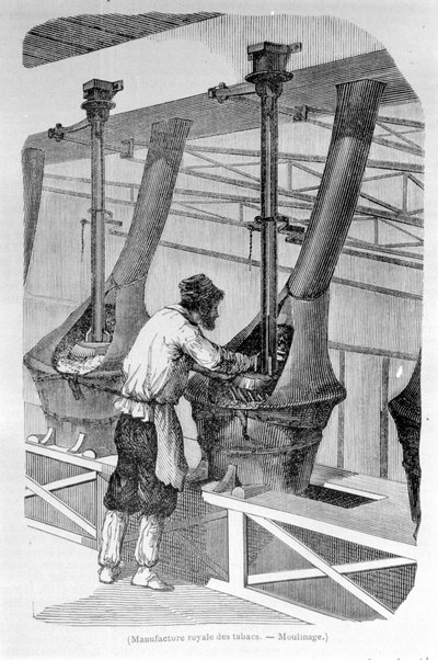 Royal Tobacco Factory: tobaksmalning. 1800-talsgravyr. av Unknown artist