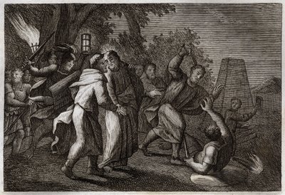 Royaumont Bibeln, Nya testamentet: arrestering av Jesus Kristus eller kyssen av Judas. Soldaterna kommer för att arrestera Kristus i Olivträdgården. St Peter skär av örat på en av dem. Illustration från 1811. av Unknown artist