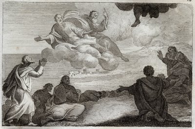 Royaumont Bibeln, Nya testamentet: Jesu Kristi himmelsfärd. Kristus tas från himlen och välsignade Apoters innan han försvann i ett moln. Illustration från 1811. av Unknown artist