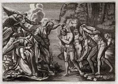 Royaumont Bibeln, Nya testamentet: Jesu Kristi dop. Johannes döparen döper Jesus Kristus i Jordanflodens vatten. Illustration från 1811. av Unknown artist