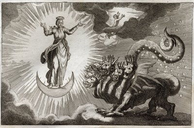 Royaumont Bibeln, Nya testamentet: Bete of Revelation. Sankt Johannes ser ett monstruöst odjur med sju huvuden och tio horn och en gravid kvinna omgiven av ljus, under vars fötter är månen och på hennes huvud en krona av tolv stjärnor. Illustration från 18 av Unknown artist