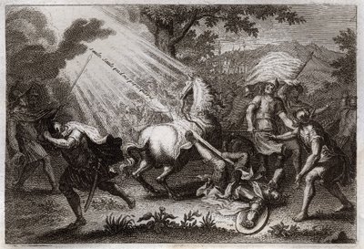 Royaumont Bibeln, Nya testamentet: St. Paulus omvändelse på väg till Damaskus. Han hör Jesu Kristi röst som säger till honom "" Willow, Willow, who förföljer mig"" (Saul, Saul, varför förföljer du mig?) och en häst faller. Illustration från 1811. av Unknown artist