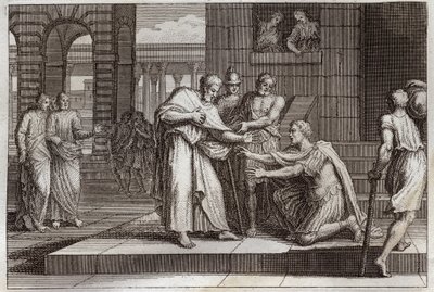 Royaumont Bibeln, Nya testamentet: Cornelius döper. Crow the centurion tar emot tron på Jesus Kristus och döps av St. Peter. Illustration från 1811. av Unknown artist