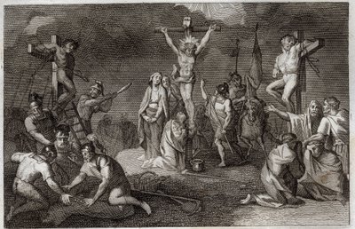 Royaumont Bibeln, Nya testamentet: Jesu Kristi korsfästelse. Jungfru Maria, Sankta Maria Magdalena och Sankt Johannes vid foten av korset, Sankt Longin centurion (Saint Longinus) med sitt spjut, soldater som spelar Kristi tunika. På sidorna, repr av Unknown artist