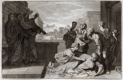 Royaumont Bibeln, Nya testamentet: Ananias och hans hustru Safirs död före St. Peter och St. John. Illustration från 1811. av Unknown artist