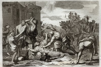Royaumont Bibeln, Nya testamentet: St Stephens, första kristna martyrs död, genom stening. Illustration från 1811. av Unknown artist