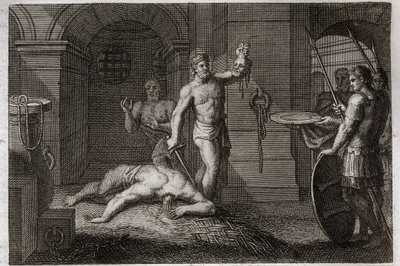 Royaumont Bibeln, Nya testamentet: Dekollering av Johannes Döparen. Man lägger huvudet på en platå. Illustration från 1811. av Unknown artist