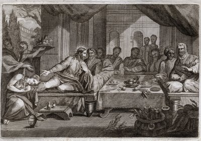 Royaumont Bibeln, Nya testamentet: Middag hos fariséen Simon. Maria Magdalena gick för att gråta vid Jesu Kristi fötter hos farisén Simon och fick förlåtelse för sina synder. Hon smörjer Kristi fötter med salva och torkar dem med håret. Il av Unknown artist