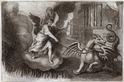 Royaumont Bibeln, Nya testamentet: Dragon Chains. Uppenbarelsens drake, symbol för djävulen, är kedjad av en ängel som håller nyckeln till abime. Illustration från 1811. av Unknown artist