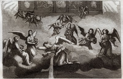 Royaumont Bibeln, Nya testamentet: Uppenbarelsens drake. Sju änglar häller ut innehållet i sin bägare, symbol för Guds vrede, på jorden. Illustration från 1811. av Unknown artist
