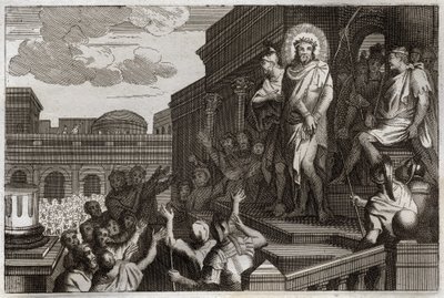 Royaumont Bibeln, Nya testamentet: Ecce homo. Pontius Pilatus (Pontius Pilatus) presenterar Jesus Kristus med törnen för folkmassan och säger: "Här är mannen". Illustration från 1811. av Unknown artist