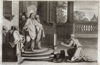 Royaumont Bibeln, Nya testamentet: Jesus Kristus och Kanaans hustru (Kananen eller den främmande kvinnan). En bonde ber Herren om hjälp att bota sin dotter. Kristus svarade honom: "Jag var bara sänd till de förlorade fåren av Israels hus." Illustration frå av Unknown artist