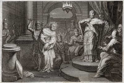 Royaumont Bibeln, Nya testamentet: Jesus Kristus före Caiphus och Anan (Hanan eller Anne eller Hanne). Illustration från 1811. av Unknown artist