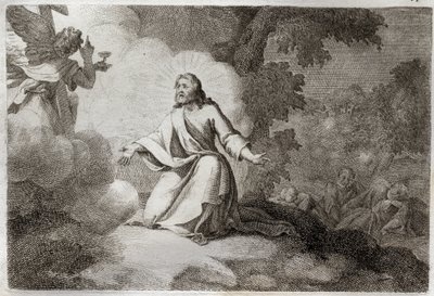 Royaumont Bibeln, Nya testamentet: Jesus Kristus i trädgården (bön på Oljeberget). En ängel som håller i en kalk visar sig för Jesus. Peters, Johannes och Jakobs apoters sover. Illustration från 1811. av Unknown artist