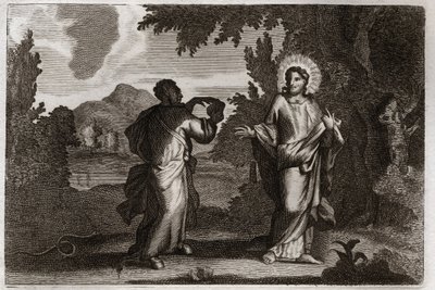 Royaumont Bibeln, Nya testamentet: Jesus Kristus i öknen. Jesus drivs ut i öknen. Han unga fyrtio dagar och fyrtio nätter. Han frestas av demonen som uppmanar honom att förvandla stenar till bröd. Illustration från 1811. av Unknown artist