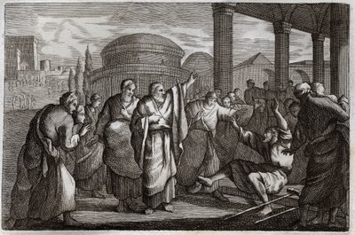 Royaumont Bibeln, Nya testamentet: Lame gueri. Saint Paul krigar en halt och arresterar ett folk som ville offra till honom som en Gud. Illustration från 1811. av Unknown artist