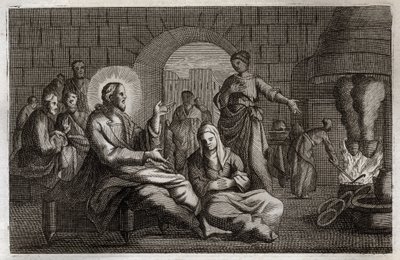 Royaumont Bibeln, Nya testamentet: Marta och Maria. Jesus Kristus går in i Martas hus, som skyndar sig att ta emot honom medan hans syster, Maria av Betania, hör hans ord. Illustration från 1811. av Unknown artist