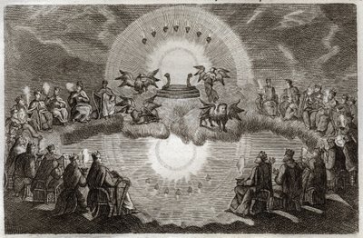 Royaumont Bibeln, Nya testamentet: Öppna himlen. En trone dyker upp omgiven av ett lejon, en oxe, en man och en örn (tetramorf) och sju lampor. Tjugofyra gamla människor som sitter på troner omger denna vision. Illustration från 1811. av Unknown artist