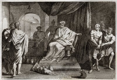Royaumont Bibeln, Nya testamentet: liknelsen om talangerna. En mästare straffar en av sina tjänare som gömde pengarna han gav honom. Illustration från 1811. av Unknown artist
