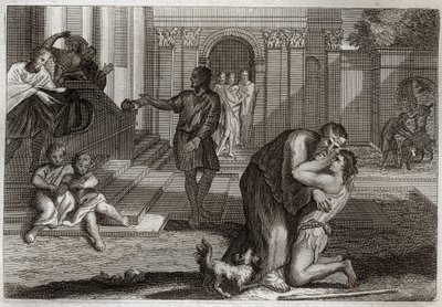 Royaumont Bibeln, Nya testamentet: liknelsen om det förlorade barnet. Sonen återvänder hem efter att han lämnat och förlorat alla sina ägodelar. Han kommer för att be sin far om förlåtelse. Illustration från 1811. av Unknown artist