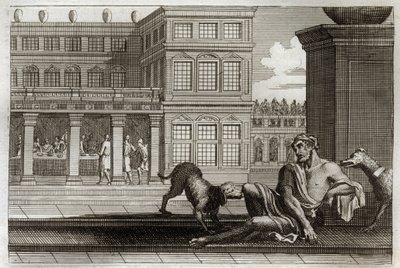 Royaumont Bibeln, Nya testamentet: Liknelsen om de onda rika representerar vid bordet i ryggen och Lazarus tiggaren, vars hundar av de rika slickar såren. Illustration från 1811. av Unknown artist