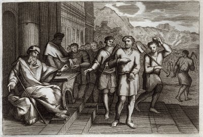 Royaumont Bibeln, Nya testamentet: Liknelse om vinarbetare eller liknelse om arbetare i elfte timmen. Arbetare som familjens fader skickar för att arbeta i sin vingård. Illustration från 1811. av Unknown artist